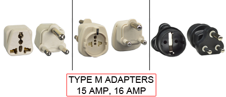 TYPE M Adapters are used in the following Countries:
<br>
Primary Country known for using TYPE M adapters is Afghanistan, India, South Africa.

<br>Additional Countries that use TYPE M adapters are 
Bangladesh, Botswana, Lesotho, Mozambique, Namibia, Nepal, Pakistan, Sri Lanka, Sudan, Swaziland.

<br><font color="yellow">*</font> Additional Type M Electrical Devices:

<br><font color="yellow">*</font> <a href="https://internationalconfig.com/icc6.asp?item=TYPE-M-PLUGS" style="text-decoration: none">Type M Plugs</a>

<br><font color="yellow">*</font> <a href="https://internationalconfig.com/icc6.asp?item=TYPE-M-CONNECTORS" style="text-decoration: none">Type M Connectors</a> 

<br><font color="yellow">*</font> <a href="https://internationalconfig.com/icc6.asp?item=TYPE-M-OUTLETS" style="text-decoration: none">Type M Outlets</a> 

<br><font color="yellow">*</font> <a href="https://internationalconfig.com/icc6.asp?item=TYPE-M-POWER-CORDS" style="text-decoration: none">Type M Power Cords</a> 


<br><font color="yellow">*</font> <a href="https://internationalconfig.com/icc6.asp?item=TYPE-M-POWER-STRIPS" style="text-decoration: none">Type M Power Strips</a>

<br><font color="yellow">*</font> <a href="https://internationalconfig.com/worldwide-electrical-devices-selector-and-electrical-configuration-chart.asp" style="text-decoration: none">Worldwide Selector. All Countries by TYPE.</a>

<br>View examples of TYPE M adapters below.